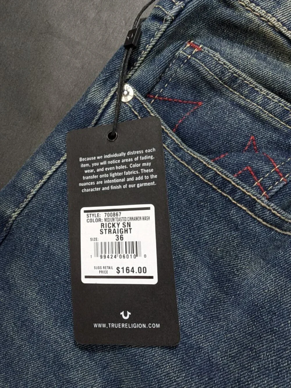 $164 True Religion Ricky Relaxed Straight Jean Men`s Size 36x34 Medium Wash